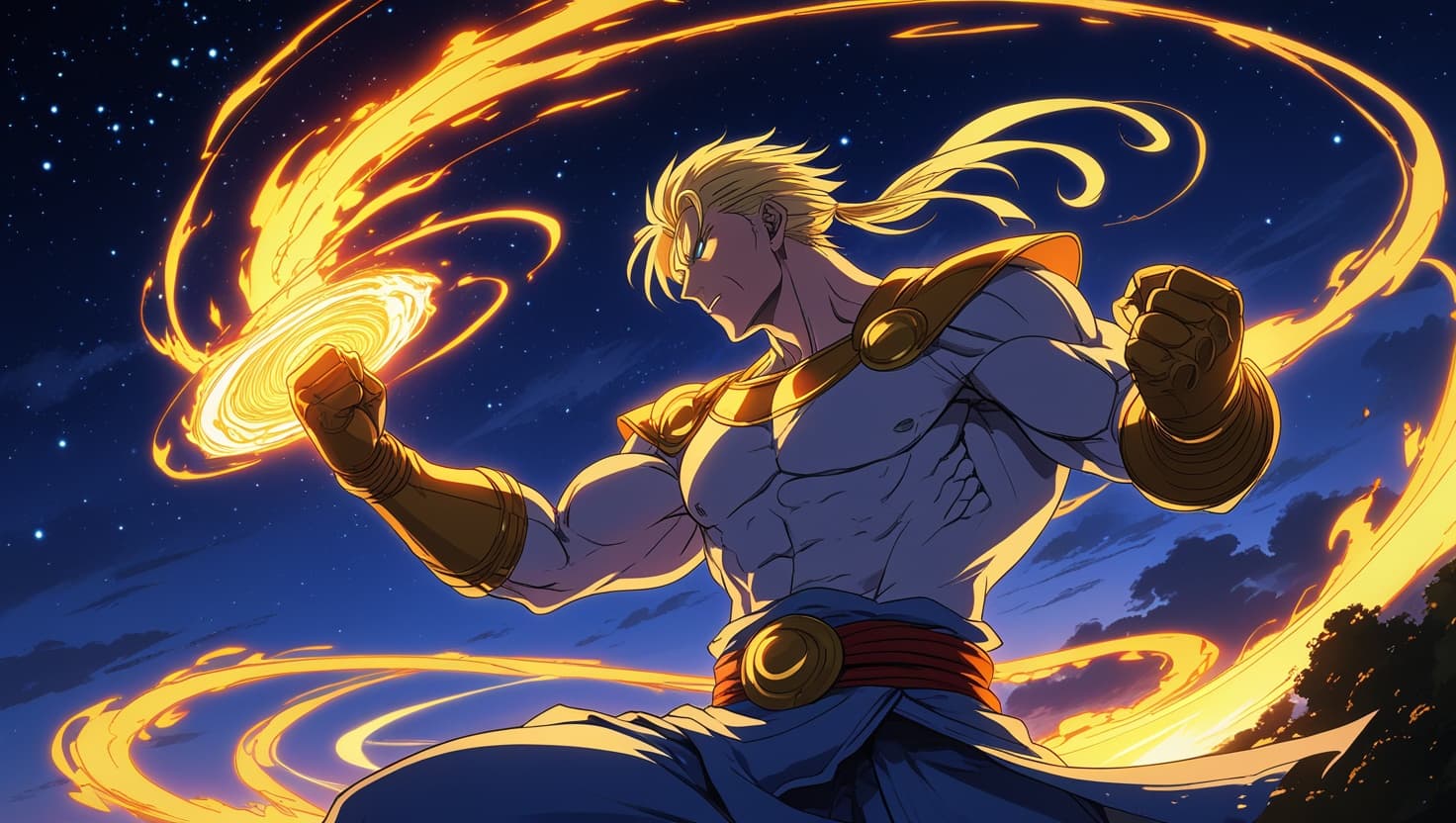 An anime-style figure mid-activation with original crackling amber energy swirling around clenched fists, indigo night sky behind, no text or logos