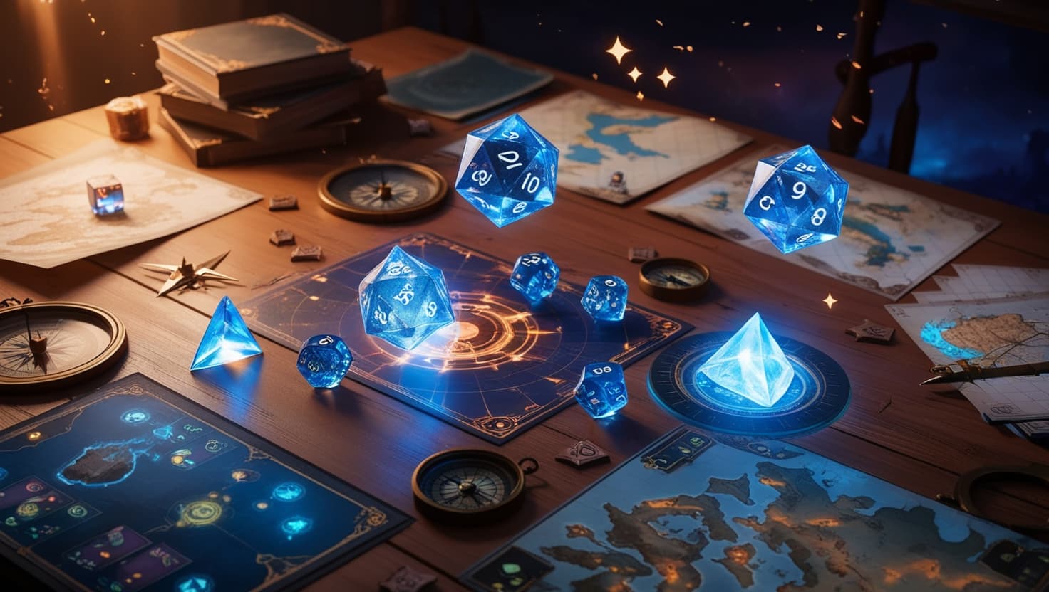 Fantasy tabletop workspace with magical AI tools glowing in indigo and amber light