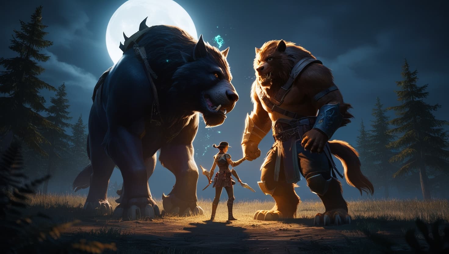 A ranger and wolf companion standing on a forest ridge at dawn, amber light filtering through indigo mist between ancient trees