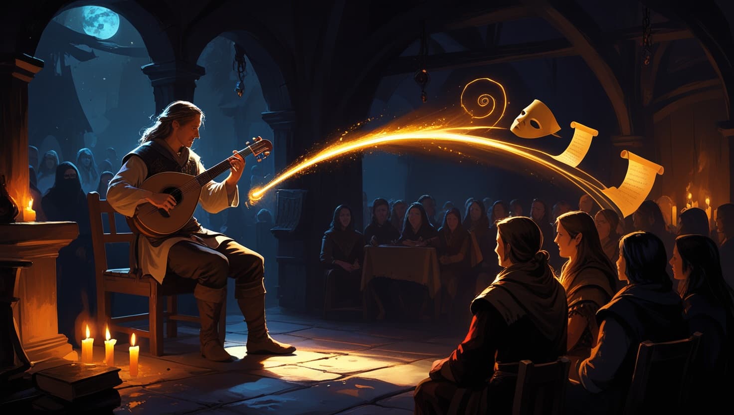 A bard performing in a candlelit tavern, a golden arc of inspiration light rising from a lute toward faint spectral shapes of a book and scroll, deep indigo shadows against warm amber firelight