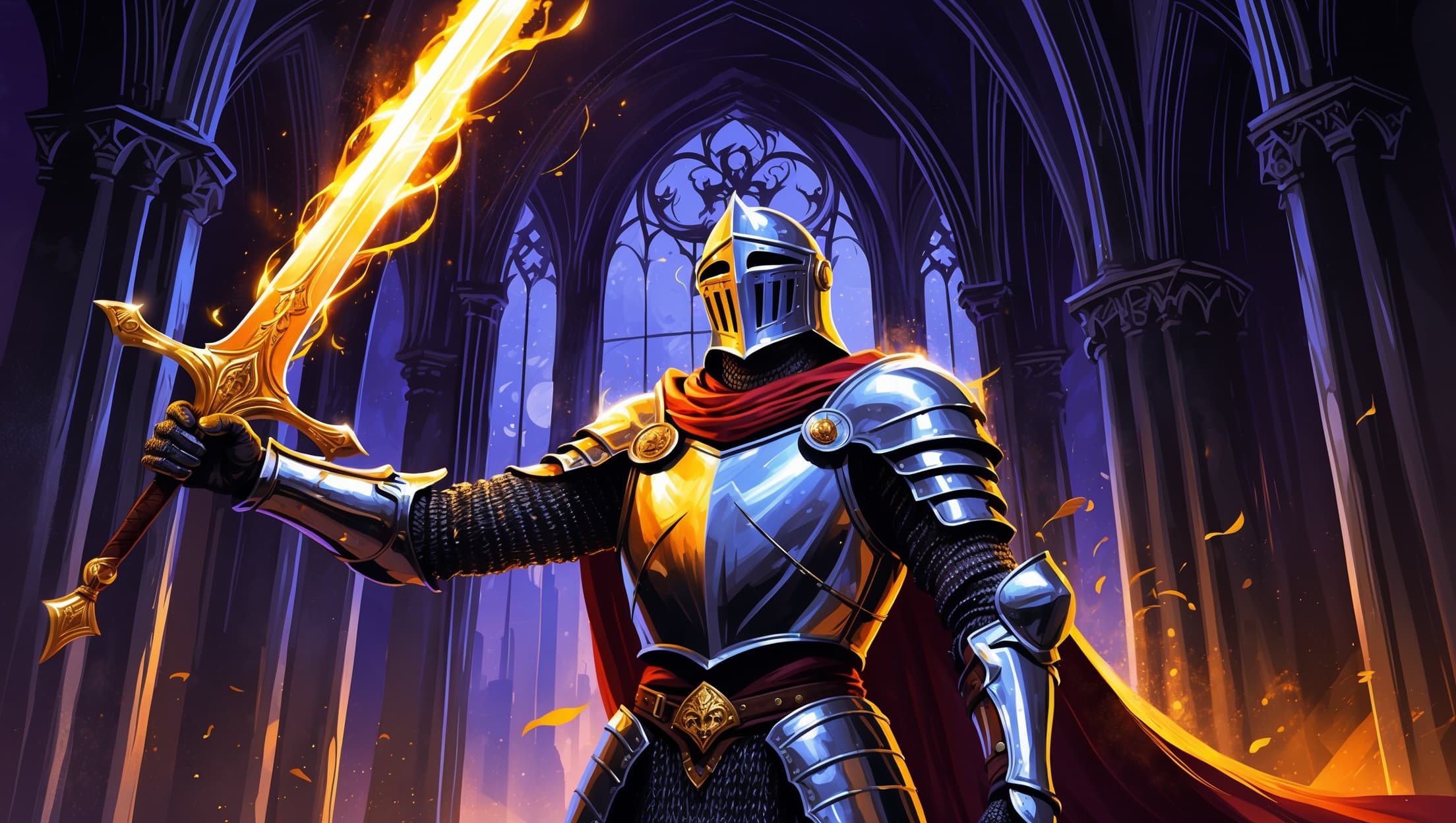 A paladin in gleaming plate armor raising a glowing longsword wreathed in golden light, deep indigo cathedral shadows behind them