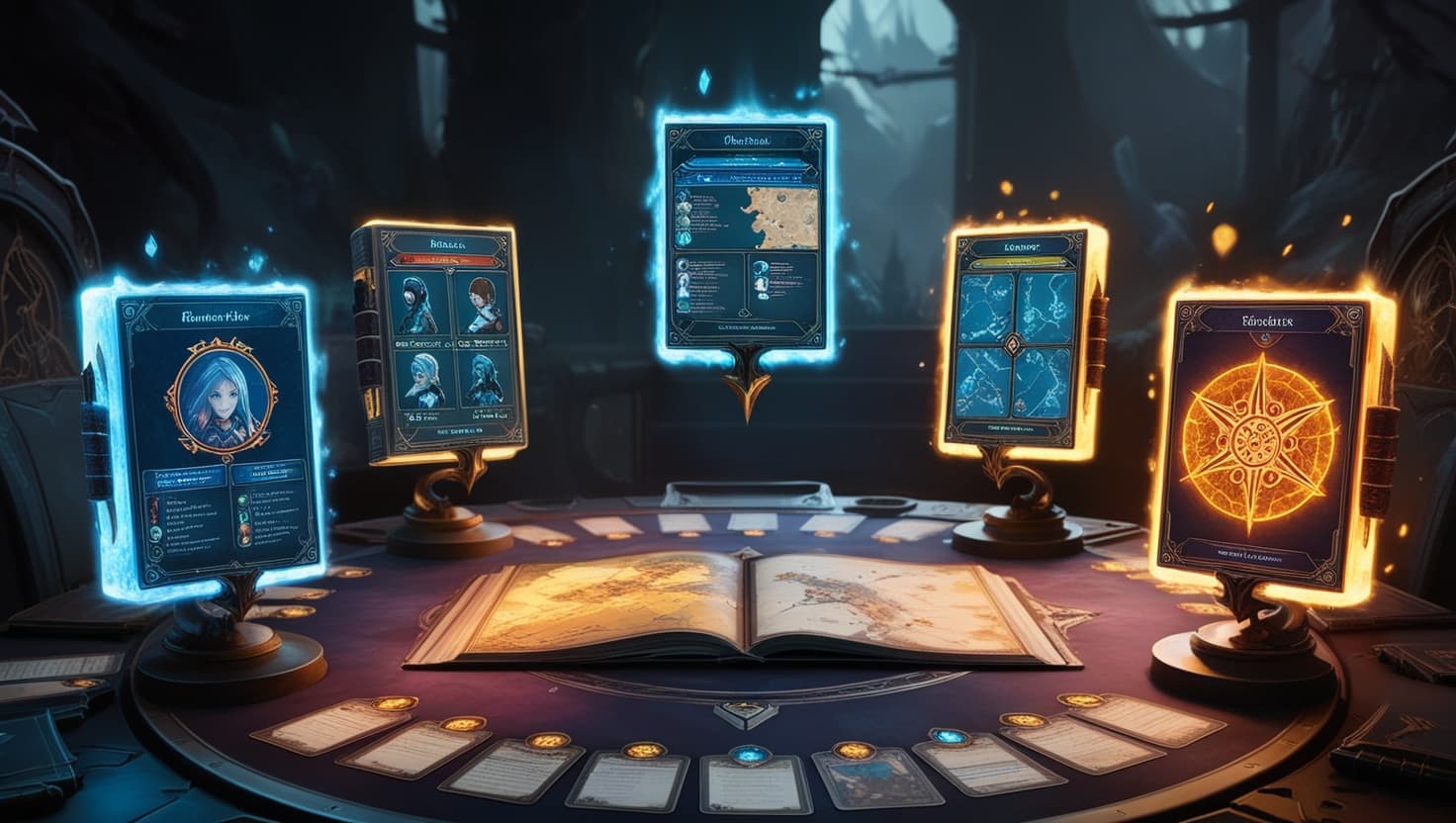 A smartphone displaying a D&D character sheet surrounded by dice, miniatures, and fantasy map illustrations