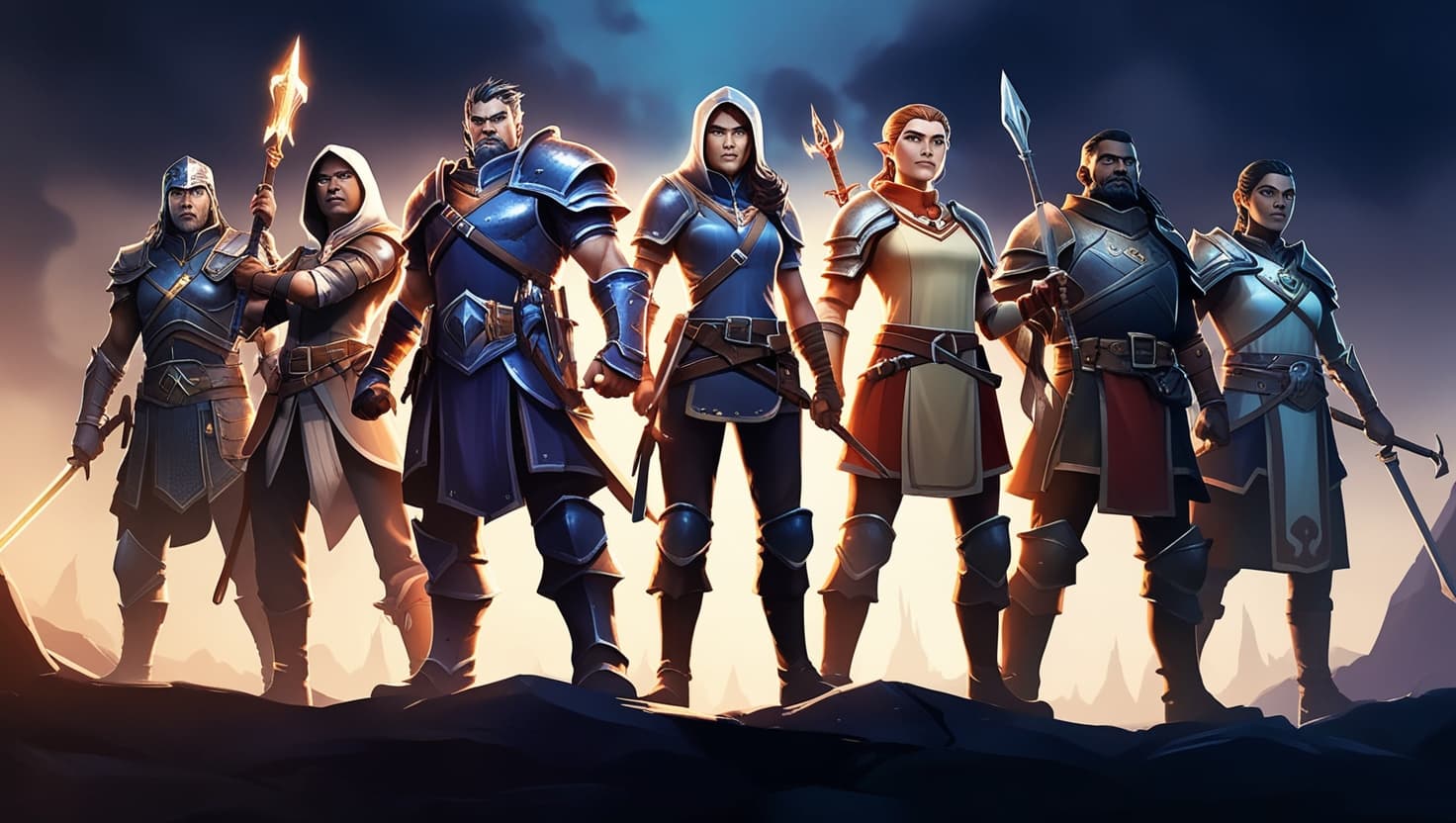 Six fantasy adventurers standing together in a tavern lit by amber candlelight against dark indigo stone walls
