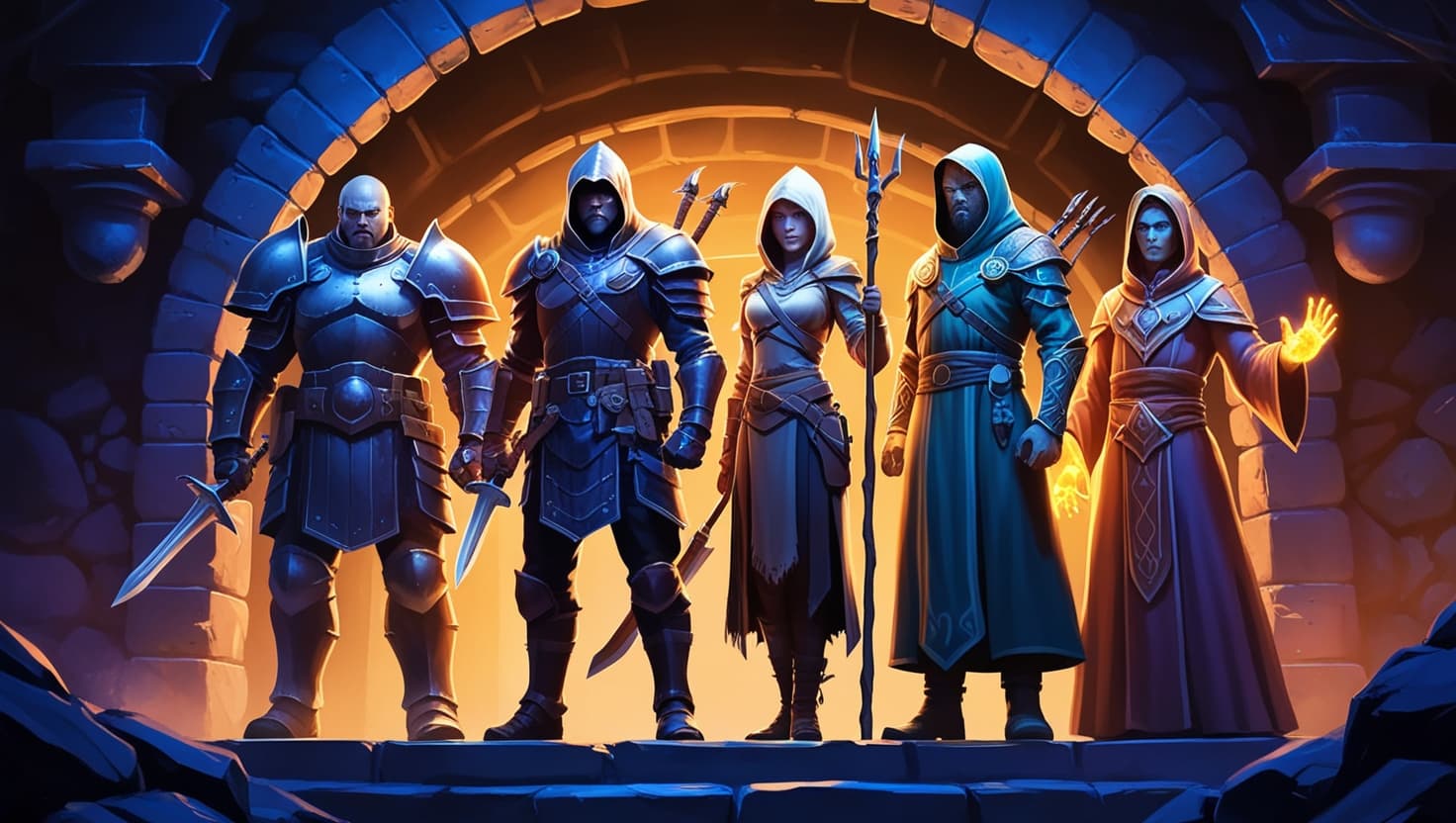 Fantasy character archetypes - fighter, rogue, druid, and sorcerer - standing at a dungeon entrance in dark indigo and amber lighting