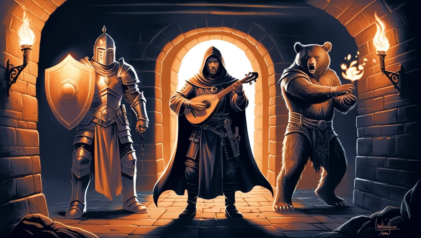 A compact party of three fantasy adventurers facing danger in a torchlit dungeon, dark fantasy RPG art in indigo and amber tones