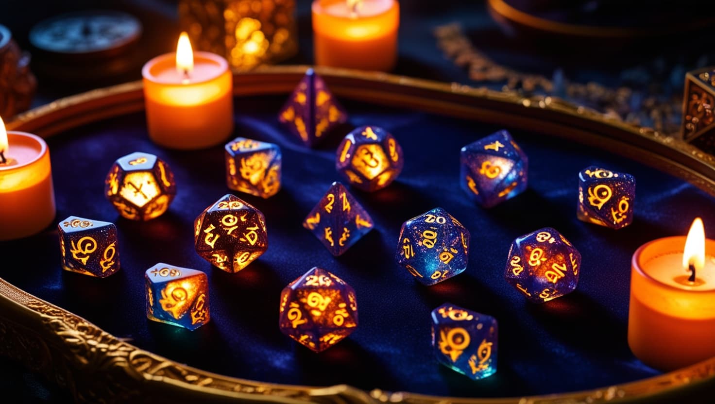 A collection of colorful polyhedral dice sets arranged on a wooden table, including metal, resin, and gemstone varieties