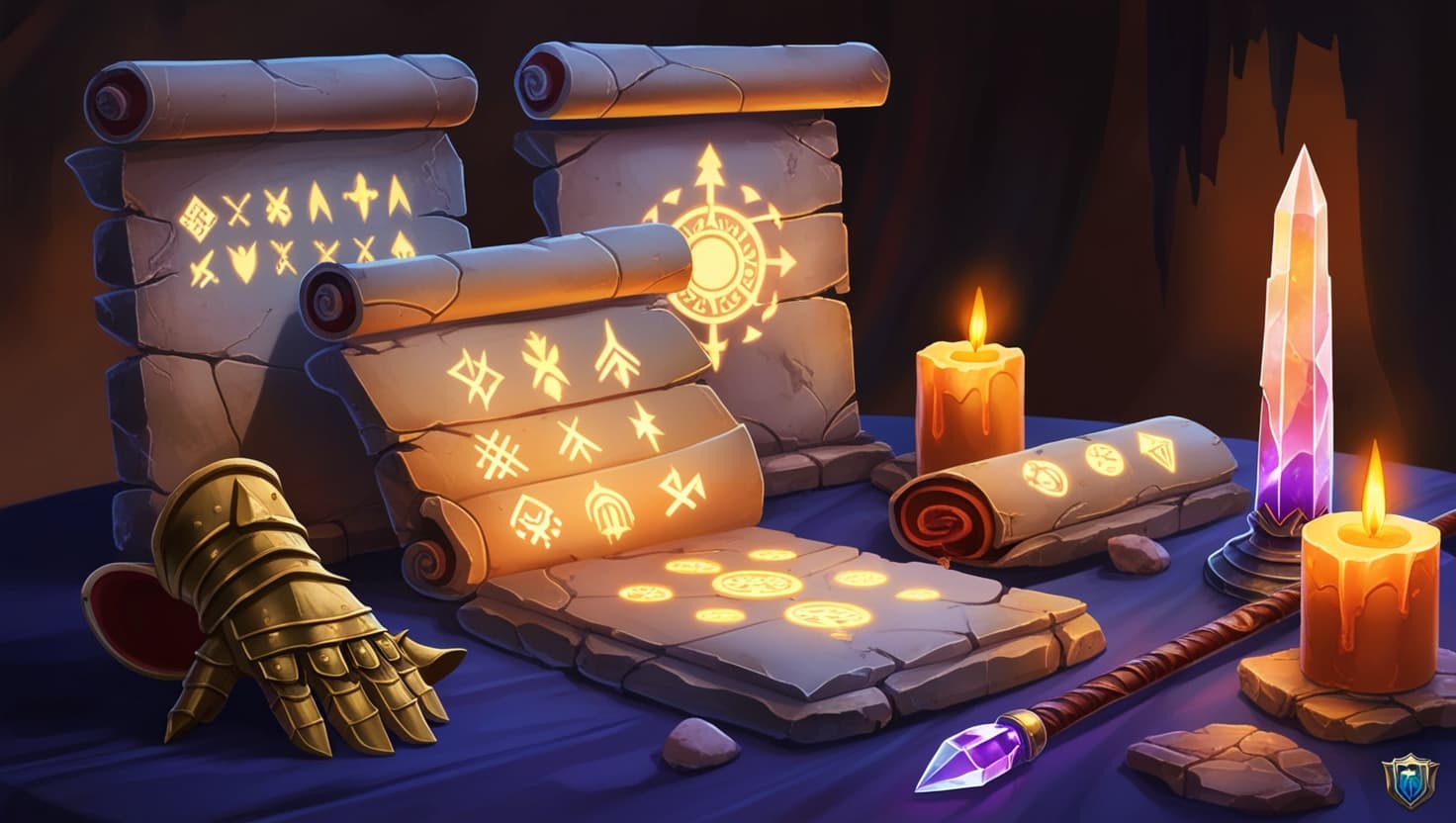 A warrior studying ancient runes carved into stone tablets in a dimly lit fantasy library