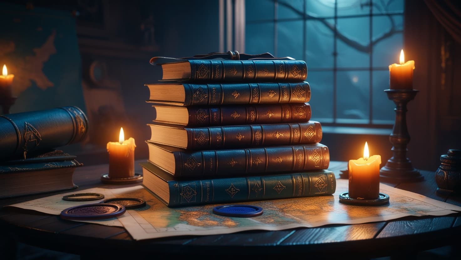 A stack of D&D adventure books on a wooden tavern table surrounded by dice, a lantern, and a hand-drawn map