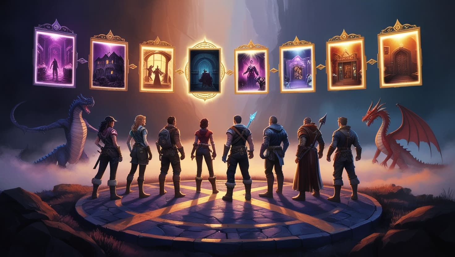 Adventurers gathered at a mystical crossroads with glowing portals leading to different one-shot adventures