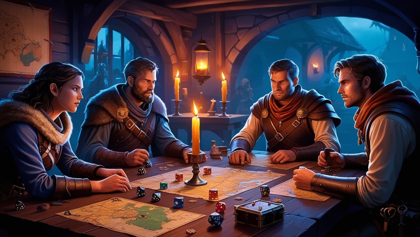 Four fantasy adventurers around a glowing tavern table planning their next move, dark fantasy RPG art in indigo and amber tones