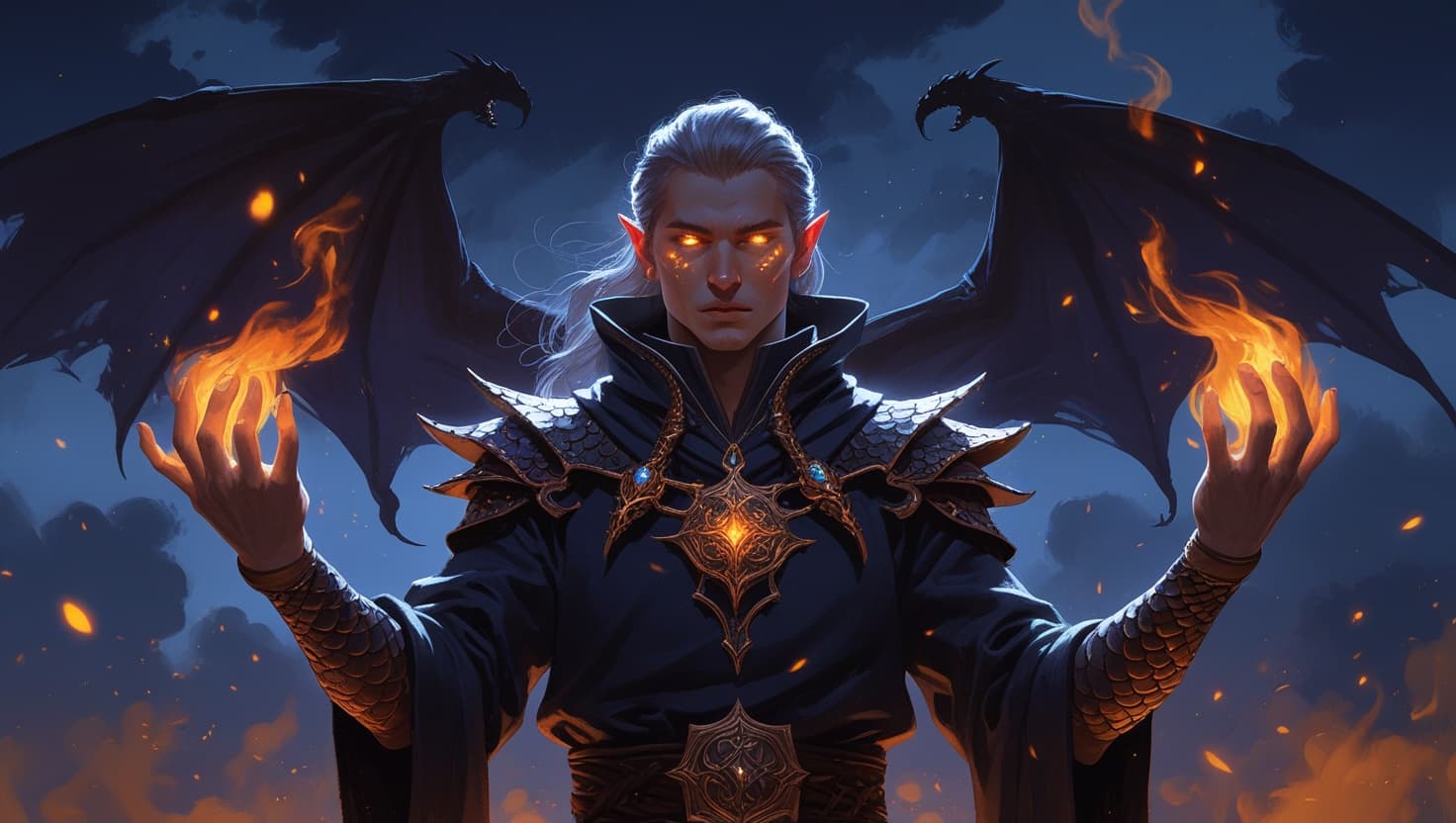 A sorcerer with shimmering dragon-scale skin and ember-lit eyes, hands wreathed in amber fire, the ghostly silhouette of dragon wings behind them against a deep indigo night sky