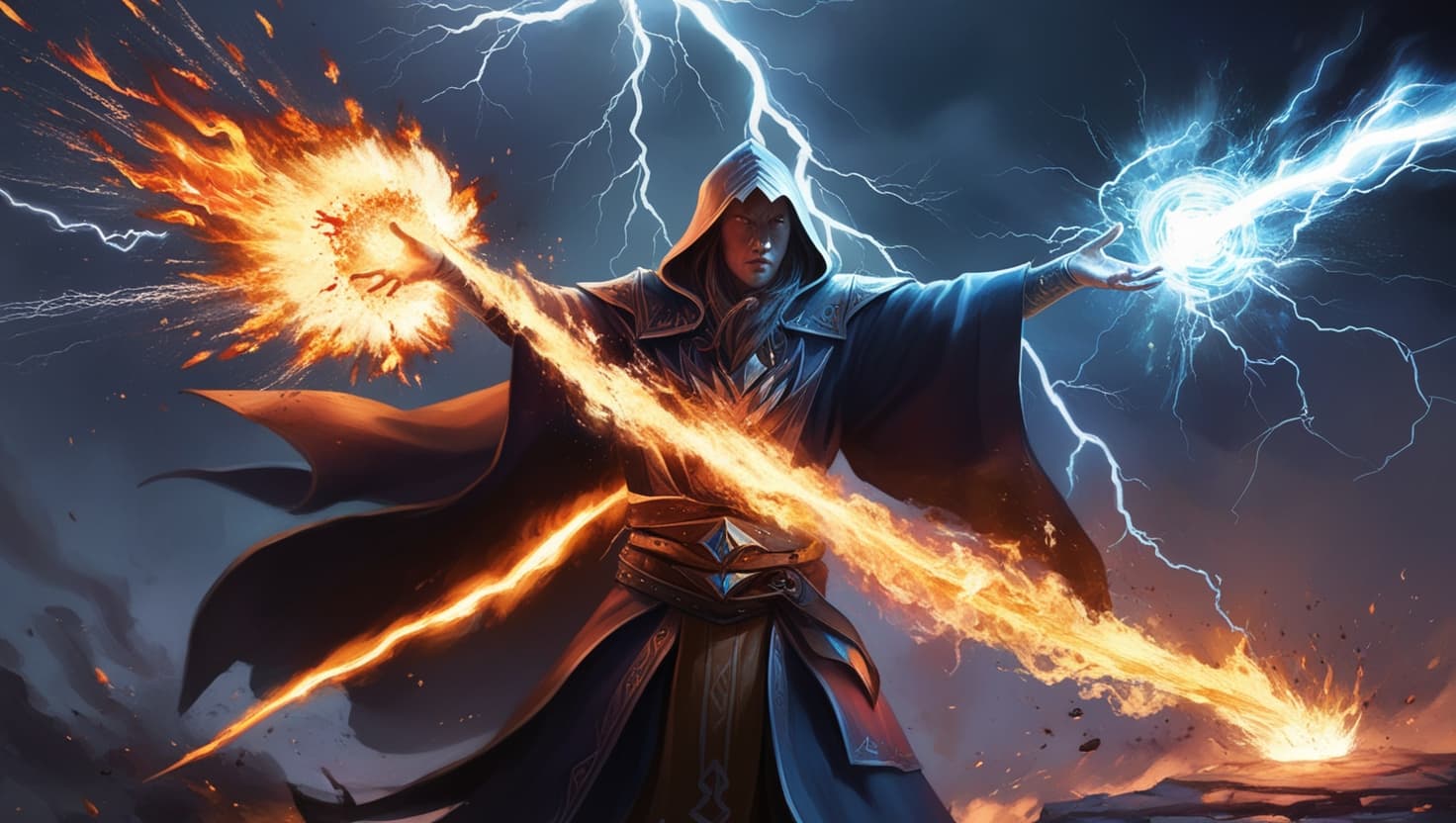 A spellcaster unleashing a massive fireball that illuminates a dark cavern with orange and amber light