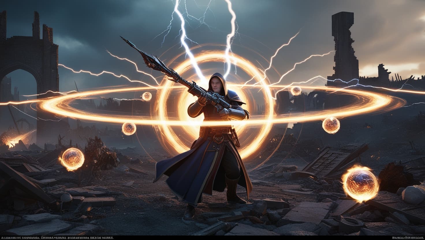 An evocation wizard channeling a massive fireball between outstretched hands, amber flames illuminating an indigo-robed figure