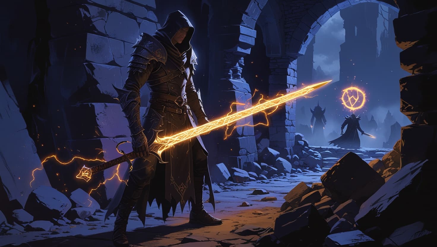 A hooded warlock in dark leather armor gripping a longsword wreathed in crackling amber lightning, two shadowy figures and a glowing curse rune waiting beyond a ruined stone archway at night