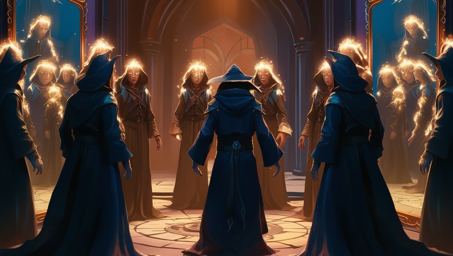 A robed illusionist conjuring shimmering mirror images of themselves in a dimly lit dungeon corridor