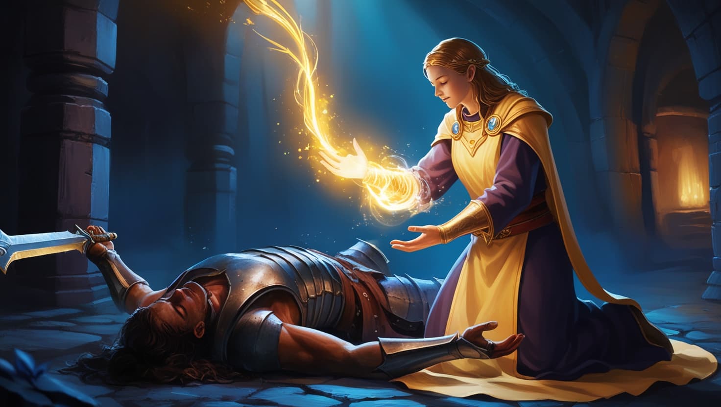 A life cleric in gleaming plate armor radiating golden healing light, standing protectively over a fallen ally in an indigo-lit temple
