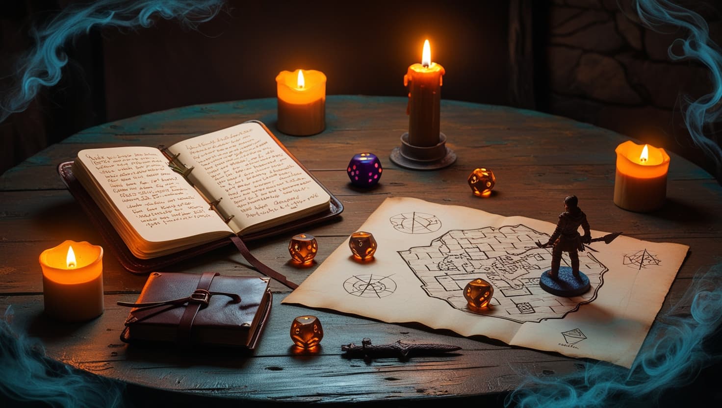 Solo adventurer at a desk surrounded by RPG books, dice, and a journal under warm lamplight