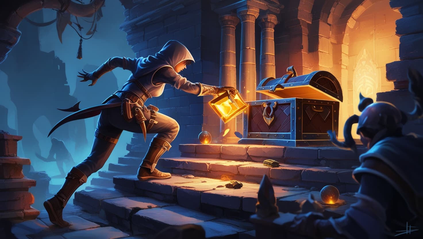 A nimble thief scaling a moonlit tower wall, lockpicks glinting in amber light against a deep indigo sky