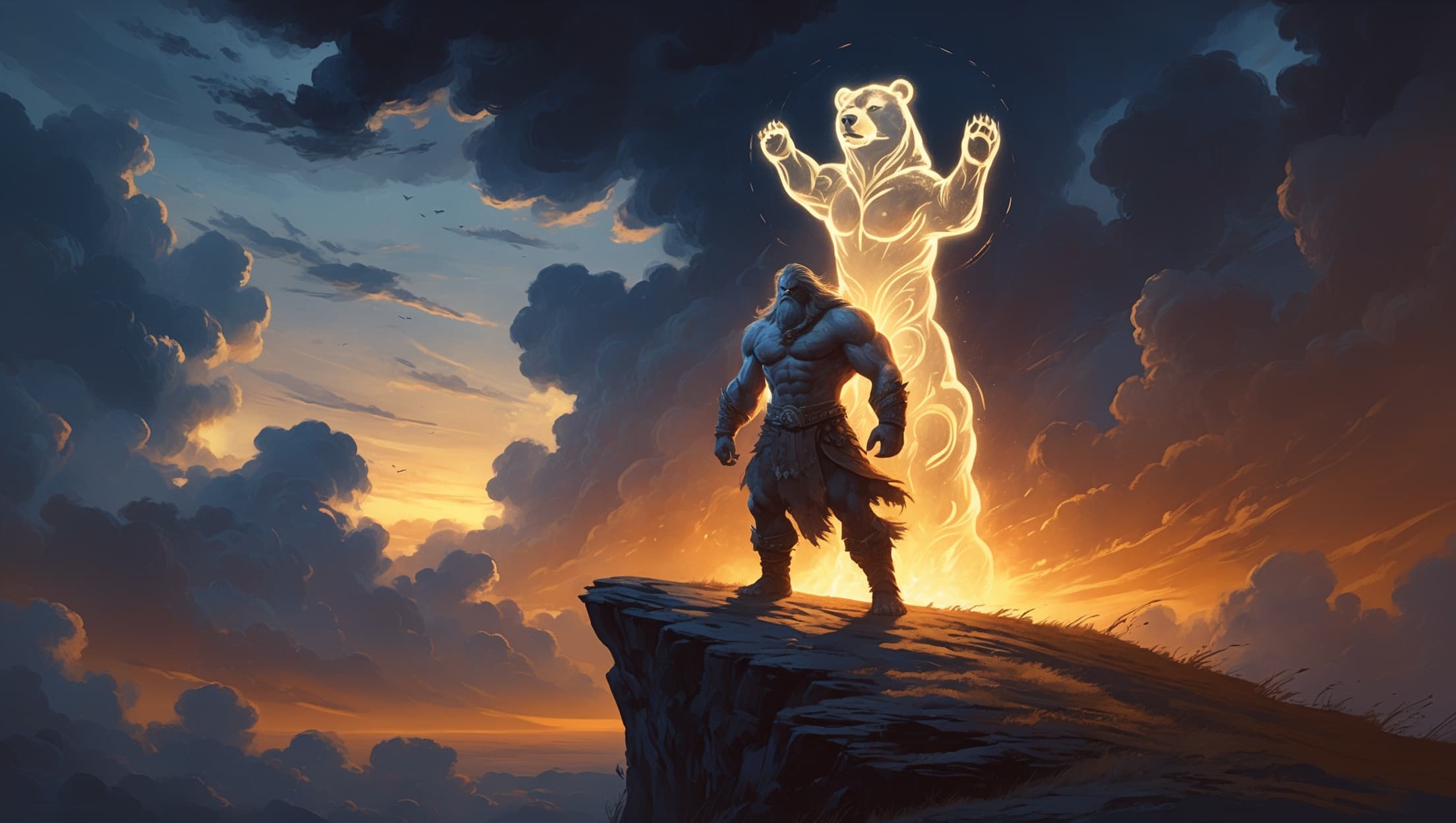A barbarian warrior with a bear-spirit totem glowing over their shoulders, standing on a windswept cliff at dusk, deep indigo storm clouds against a warm amber horizon