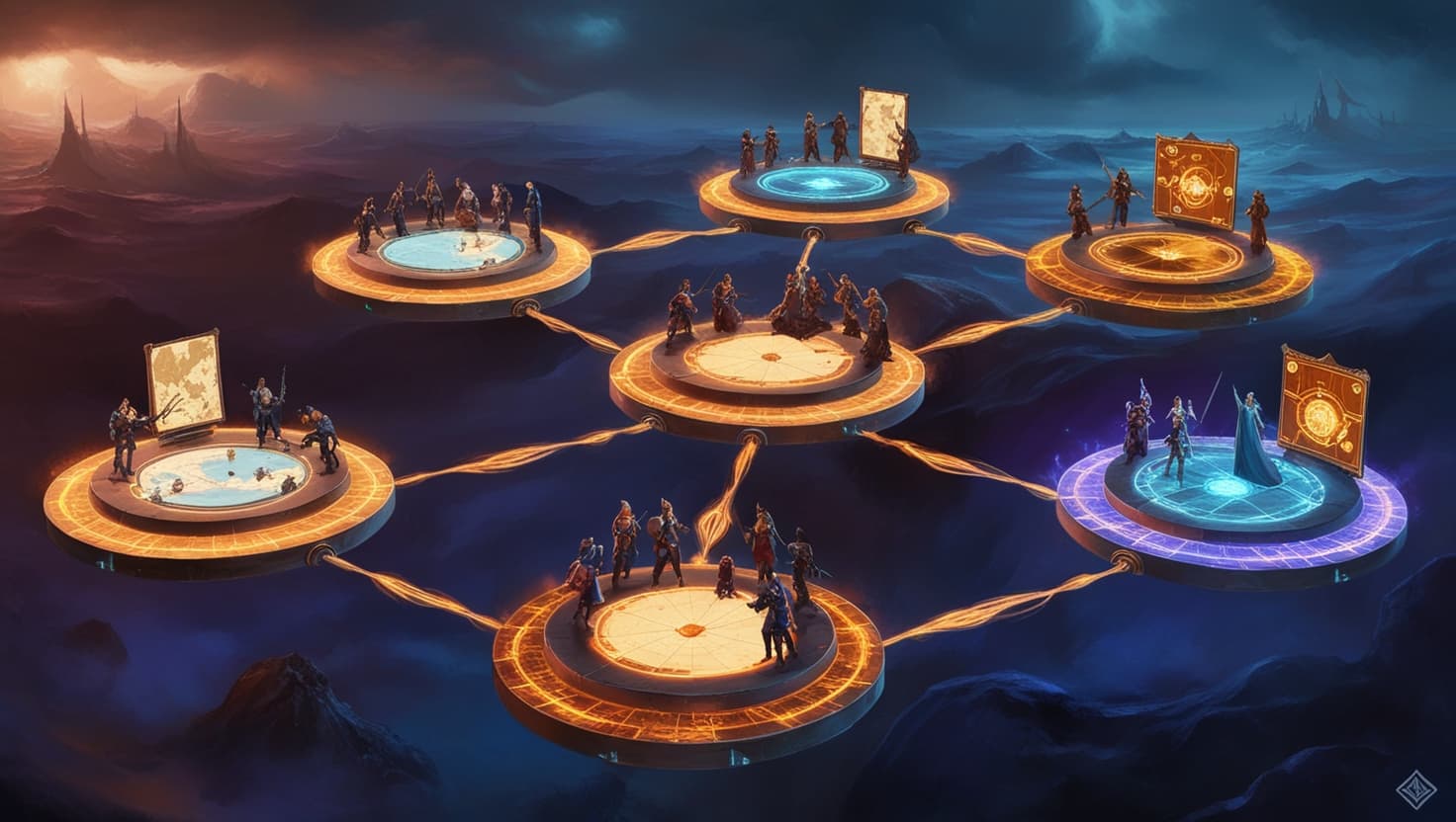 Magical floating tables connected by amber energy streams in a dark fantasy void, each showing adventuring parties gathered around glowing battle maps