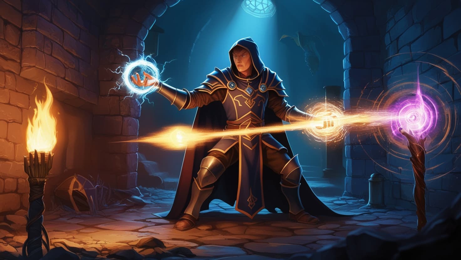 A battle mage in a torchlit dungeon choosing between two spells as arcane energy splits around their hands, dark fantasy RPG art in indigo and amber tones