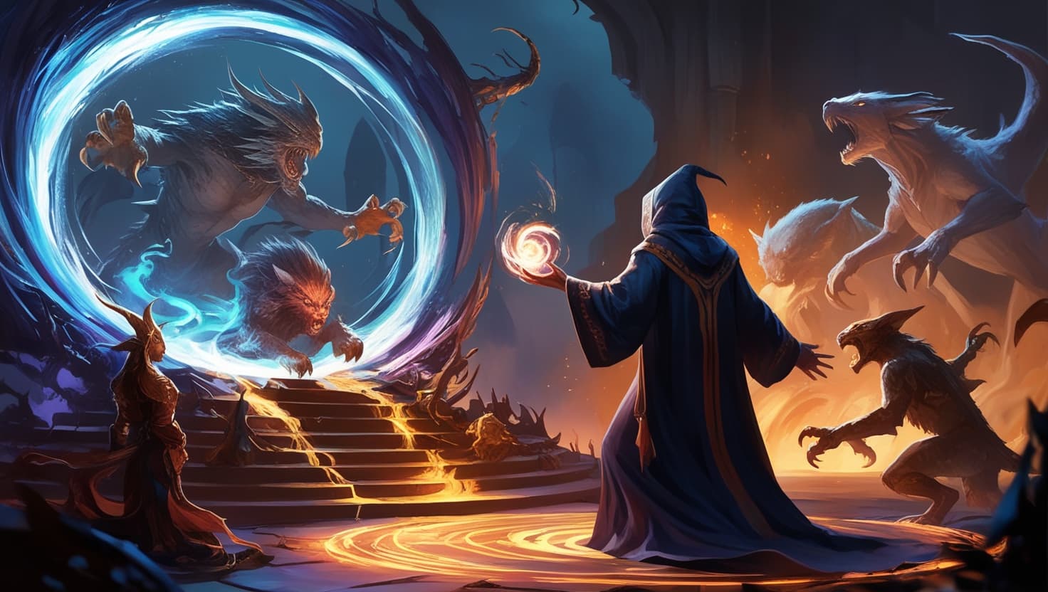 A wizard conjuring a swirling portal of deep violet energy as spectral creatures begin to emerge from the rift
