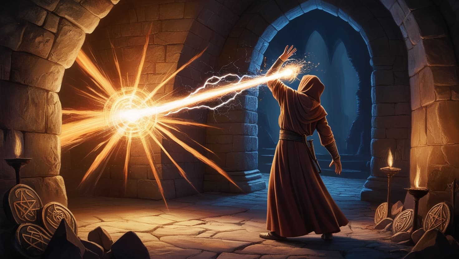 A robed spellcaster raising a hand to intercept a bolt of arcane energy mid-air in a torchlit stone chamber, warm amber magic colliding with deep indigo shadow