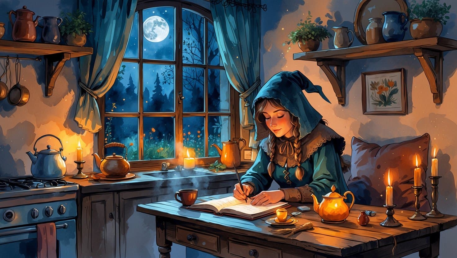 Watercolor illustration of a village witch writing in a journal by candlelight in a cozy cottage kitchen, tea steaming beside her, moonlit garden through the window