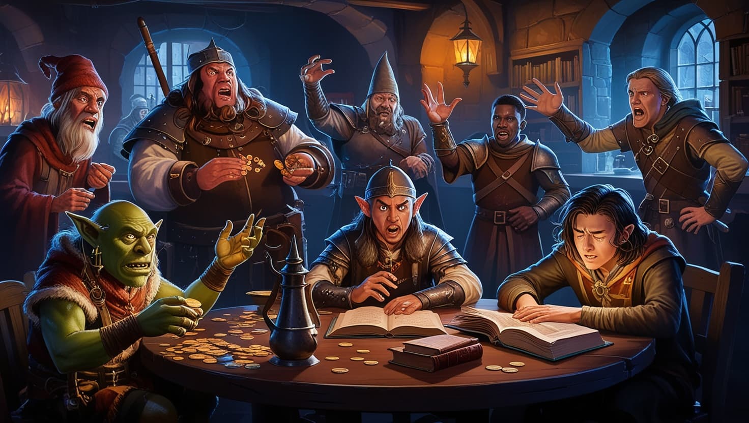 A charismatic goblin merchant gesturing at magical wares in a lantern-lit market stall with indigo shadows and amber highlights