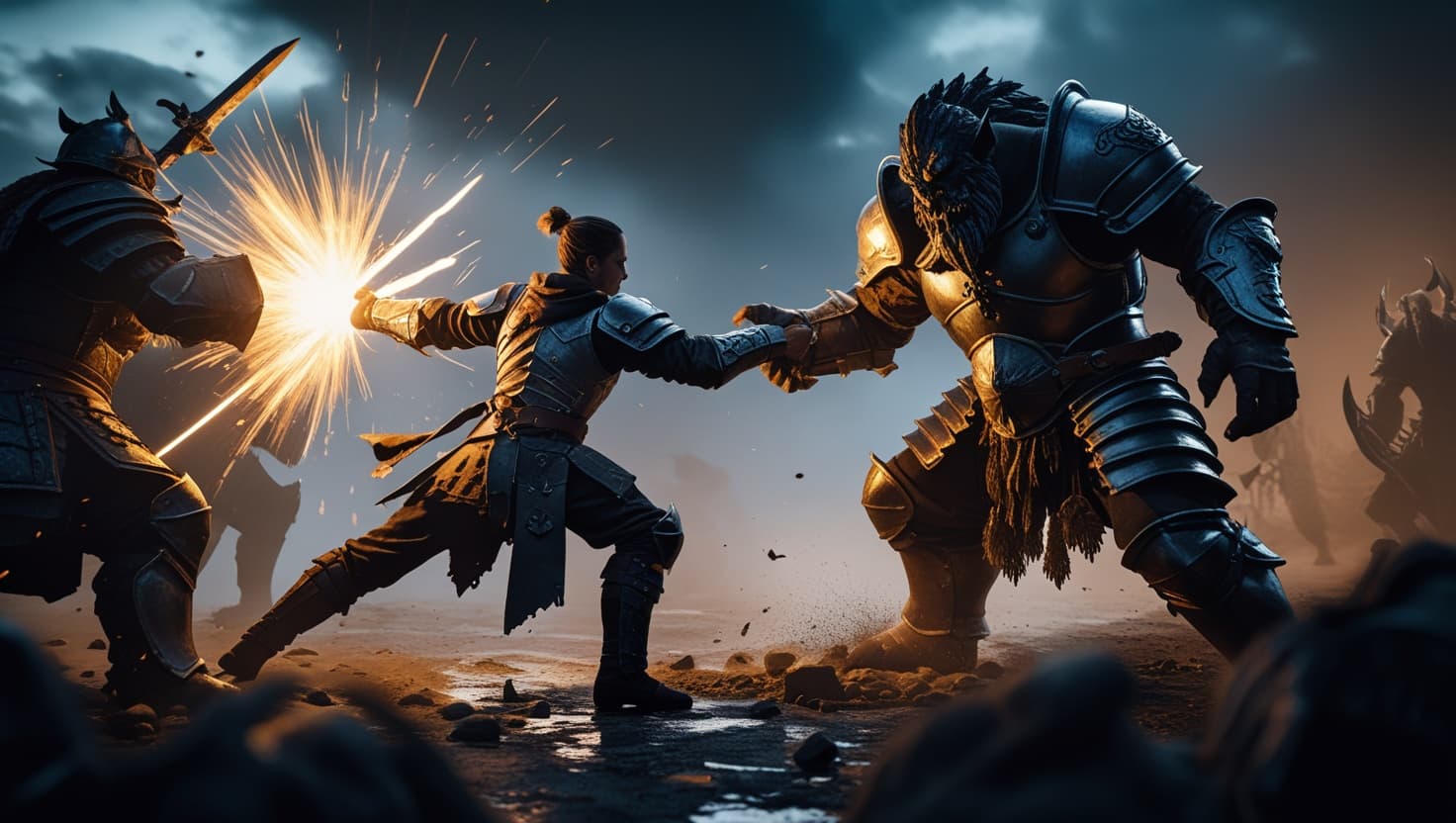 A warrior landing a decisive blow against an armored monster in a shower of sparks, dark fantasy tabletop RPG battle scene in indigo and amber tones