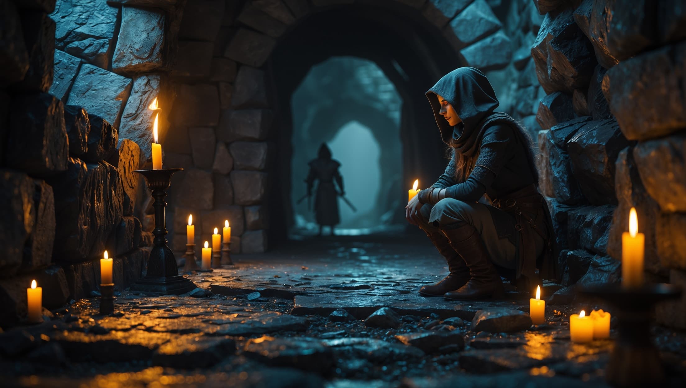A hooded elf ranger peering past the edge of her vision into total darkness in an underground cavern, dark fantasy tabletop RPG scene in indigo and amber tones