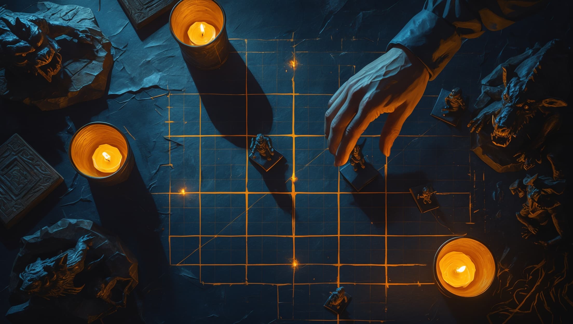 A Game Master's hand moving a miniature across a battle grid toward a diagonal square, dark fantasy tabletop RPG scene in indigo and amber tones