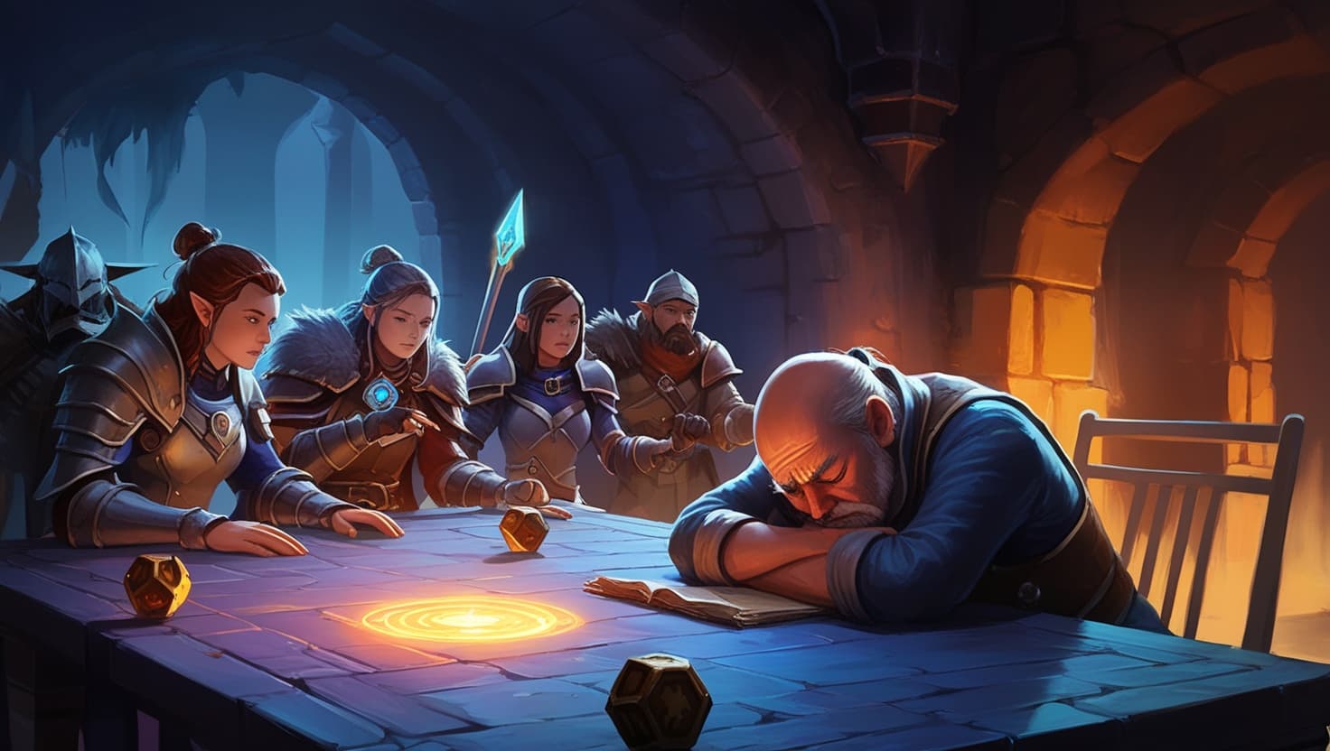 An empty Game Master's chair at a fantasy gaming table with abandoned notes and dice, indigo shadows and fading amber candlelight