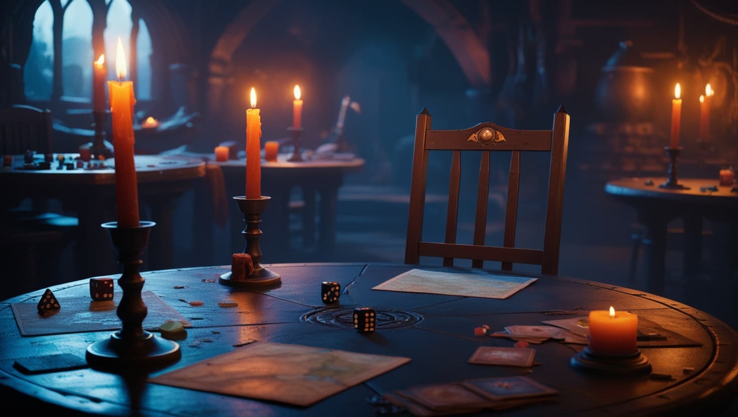 Empty DM chair at a gaming table surrounded by waiting players and unused character sheets