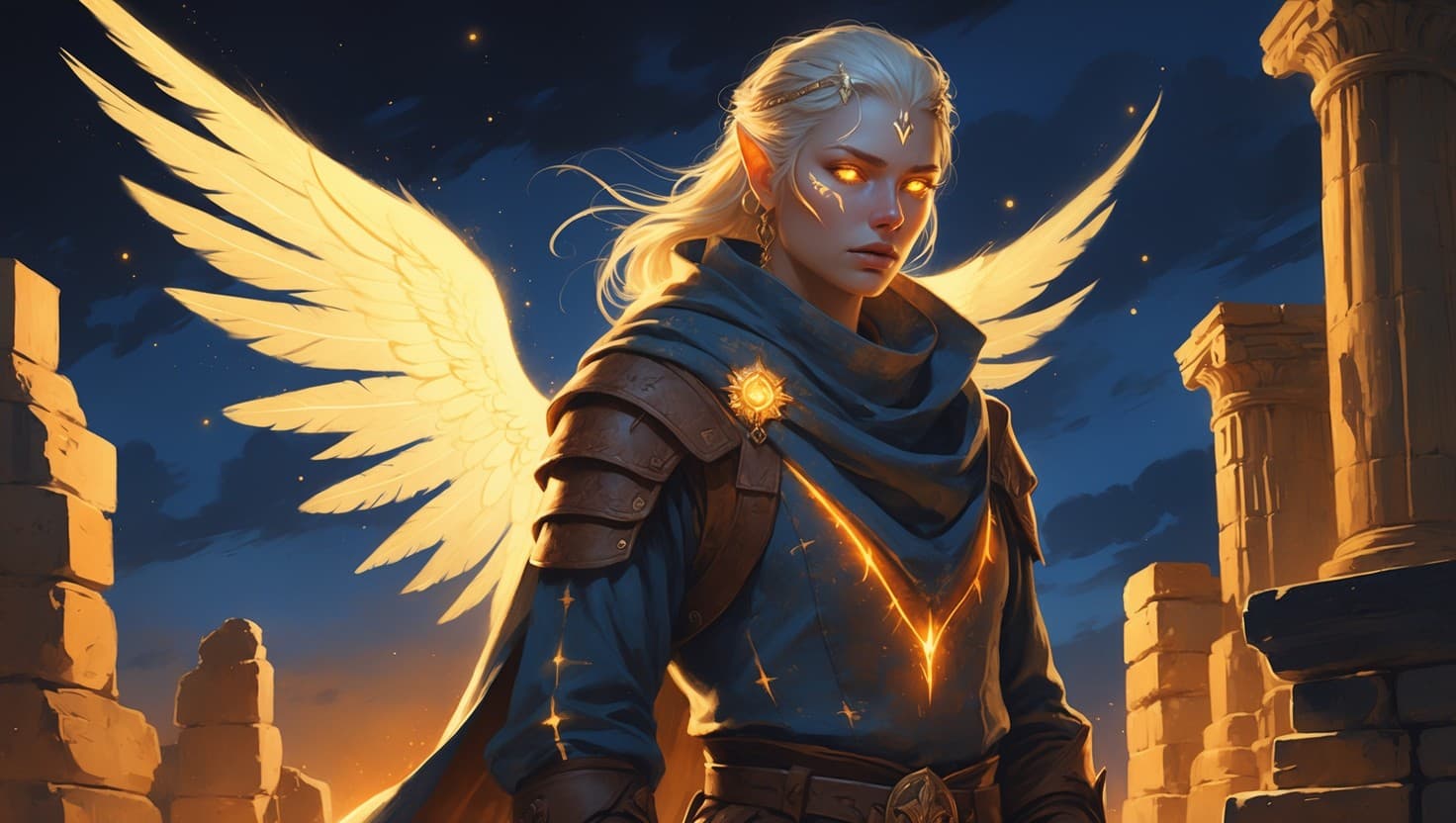 An aasimar adventurer with glowing golden-white eyes and faint luminous markings, warm amber light radiating from beneath weathered traveler's leathers, standing before ancient ruins under a deep indigo twilight sky