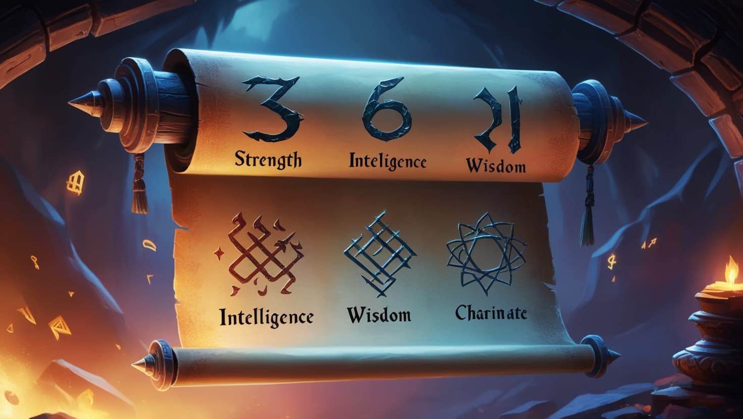 A set of polished dice glowing with amber light beside a character sheet with ability scores being filled in