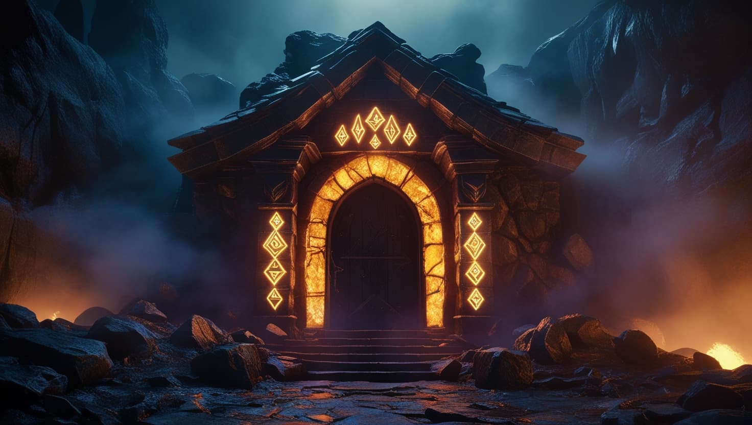 A glowing character sheet surrounded by six arcane symbols representing the D&D ability scores, lit in indigo and amber tones