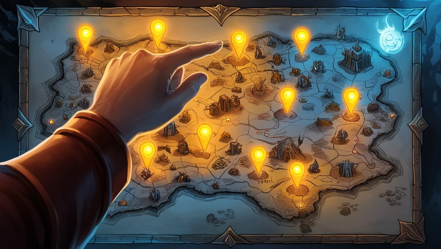 A collection of fantasy campaign maps and plot outlines scattered across a tavern table, lit by warm amber candlelight