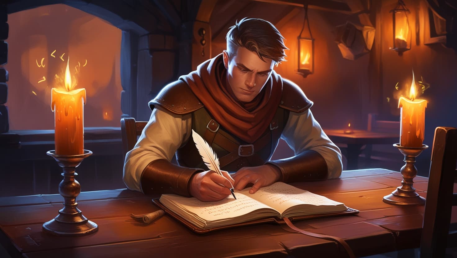 Adventurer writing their backstory in a leather-bound journal by candlelight