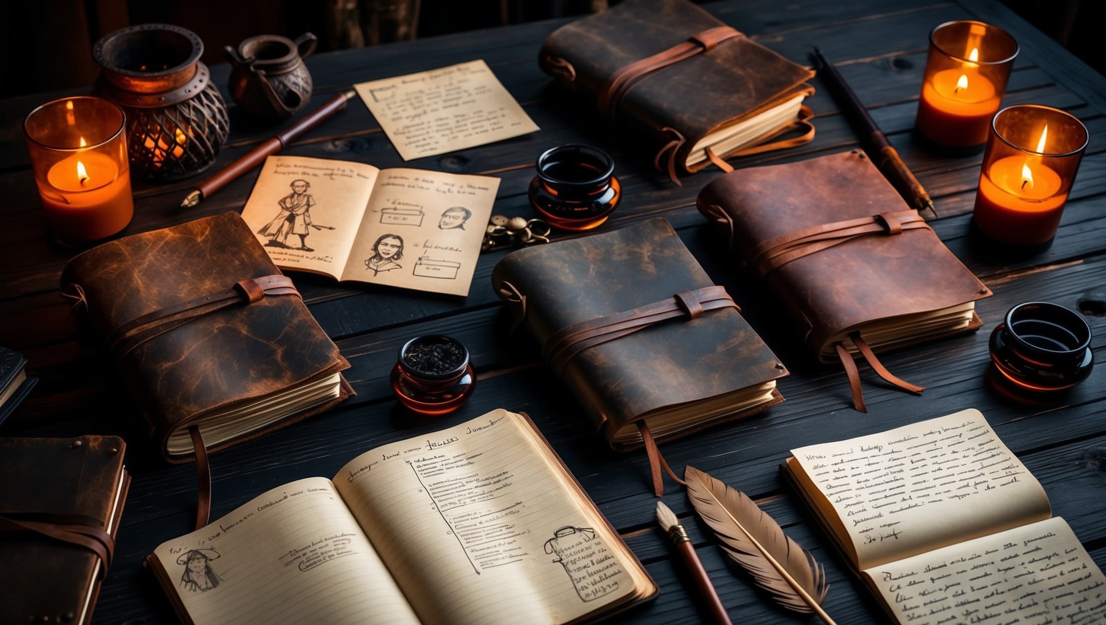 A collection of weathered journals and character sketches spread across a tavern table in warm amber candlelight