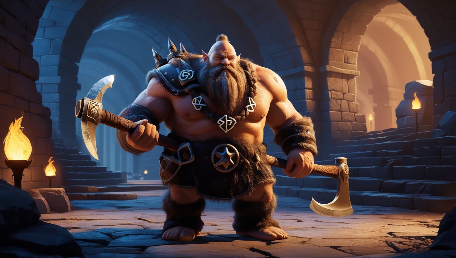A stout dwarf warrior with a braided beard standing in an underground stone hall lit by amber torchlight, gripping a warhammer