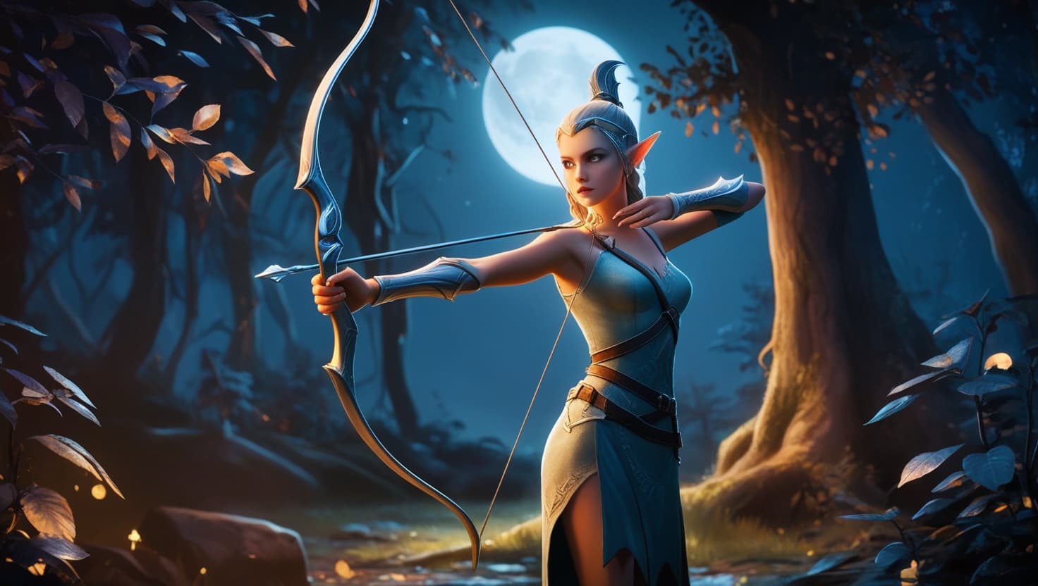 An elf archer standing at the edge of an ancient forest, amber light filtering through indigo-shadowed canopy as fireflies drift upward