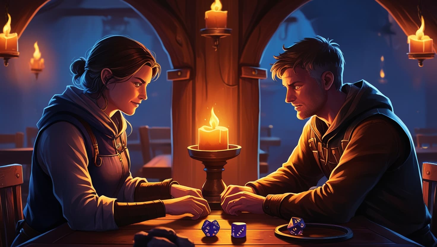 Two adventurers at a candlelit tavern table rolling dice together, dark fantasy RPG art