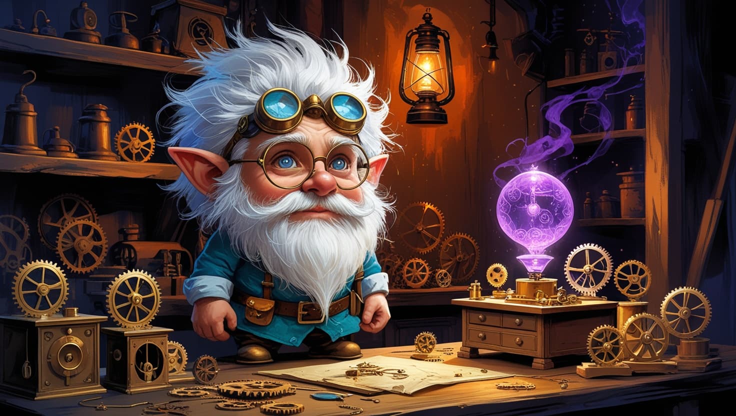 A small gnome inventor with wild white hair and brass goggles standing in a workshop lit by a floating illusion-light, gears and tiny clockwork devices scattered across the table