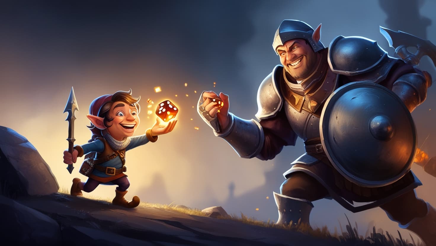 A cheerful halfling adventurer standing on a mossy hill at sunset, a worn leather satchel over one shoulder, golden light catching the brass buttons on a green waistcoat