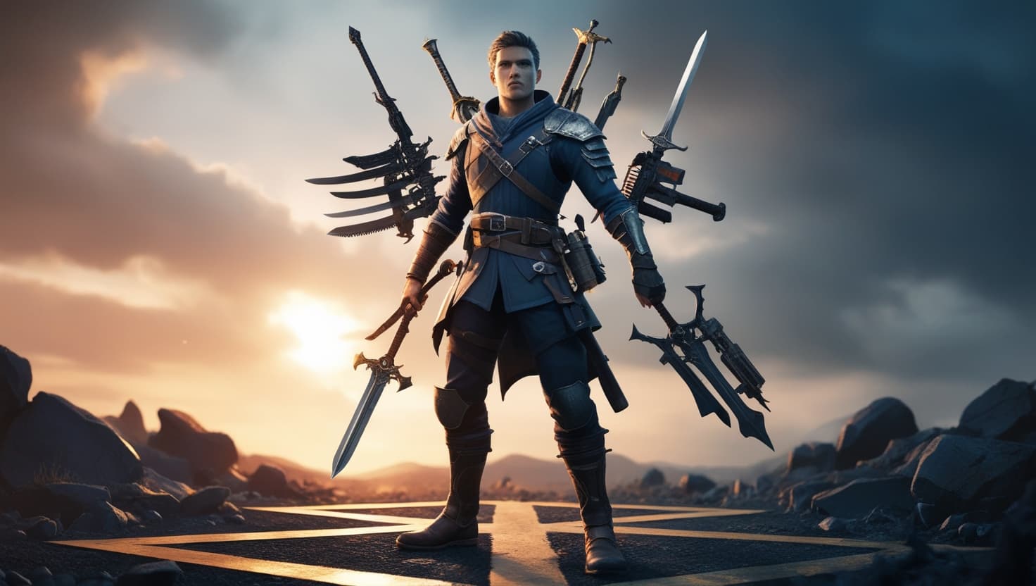 A human adventurer standing at a crossroads under a dramatic sky lit with indigo and amber hues