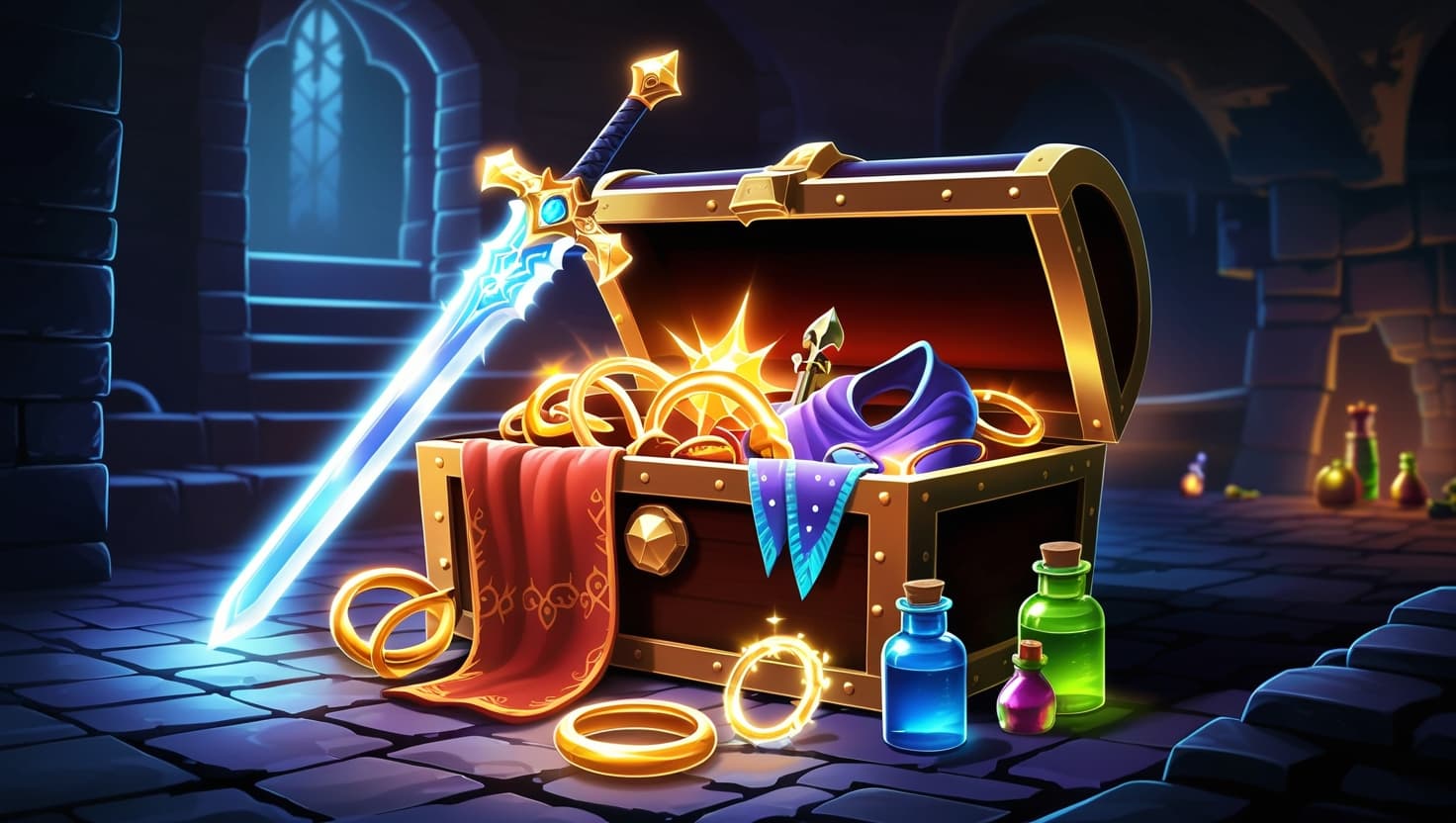 A treasure chest overflowing with glowing magical weapons, enchanted rings, and potion bottles in a dimly lit dungeon chamber