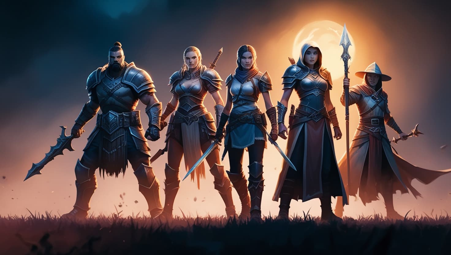 A diverse party of D&D adventurers including a fighter, cleric, wizard, and rogue standing in formation before a glowing dungeon portal, lit in deep indigo and amber tones