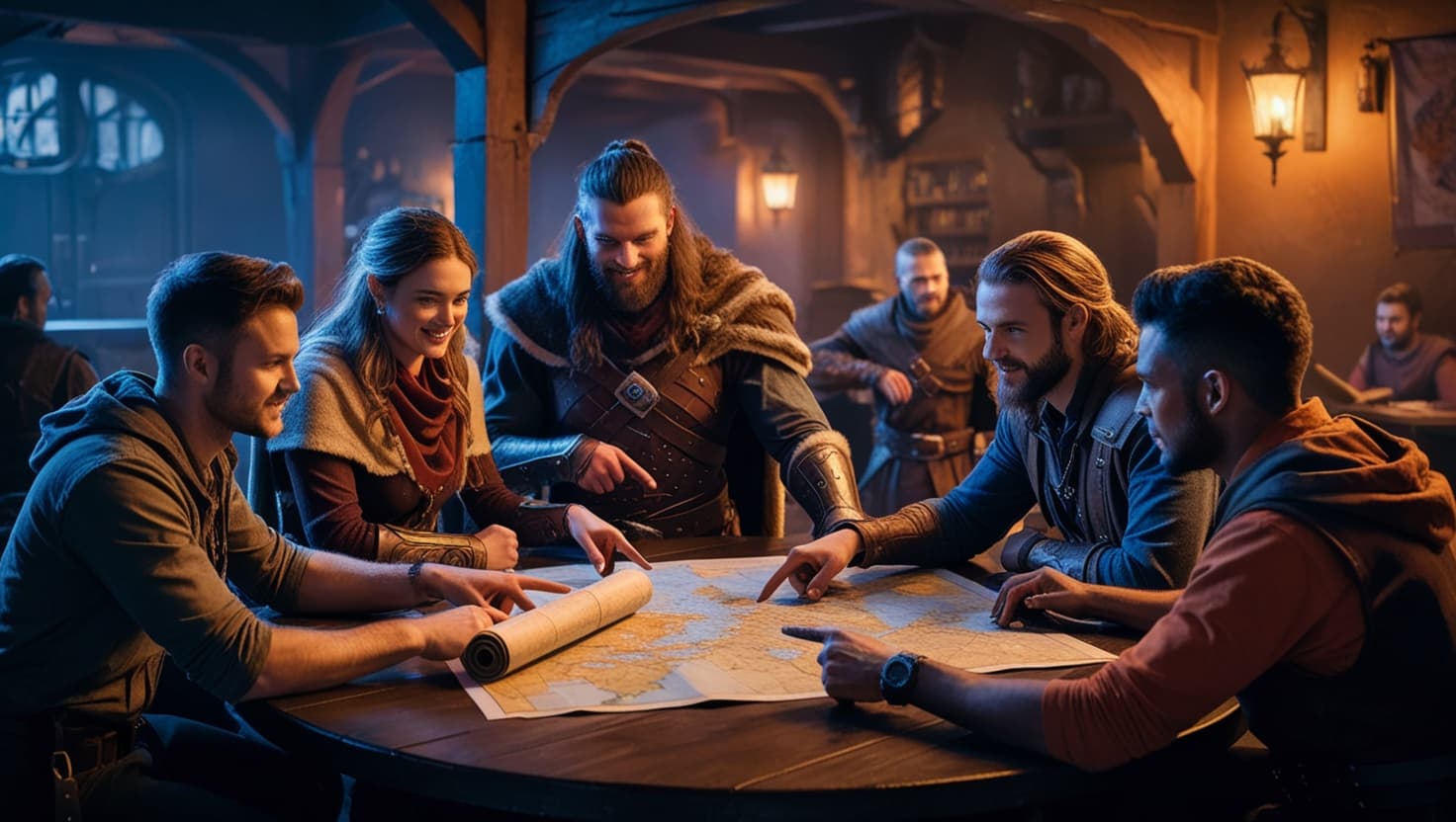 A parchment scroll with a quill pen listing campaign preparation items, surrounded by dice and a warm lantern glow