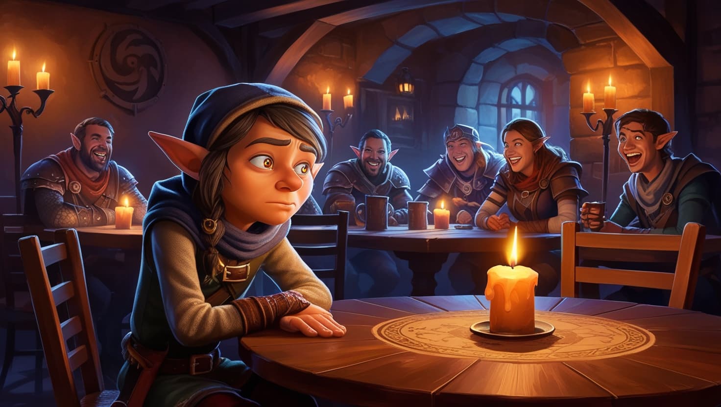 Shy adventurer peeking around a tavern door toward a welcoming group of players